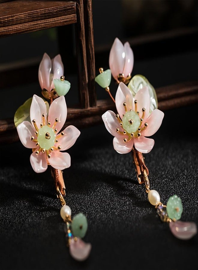 Capiant 1 Pair Pink Handmade Lotus Hair Clips, Vintage Flower Tassel Clip, Hanfu Decorative Chinese Hair Accessories for Women Bride Bridesmaids - Image 4
